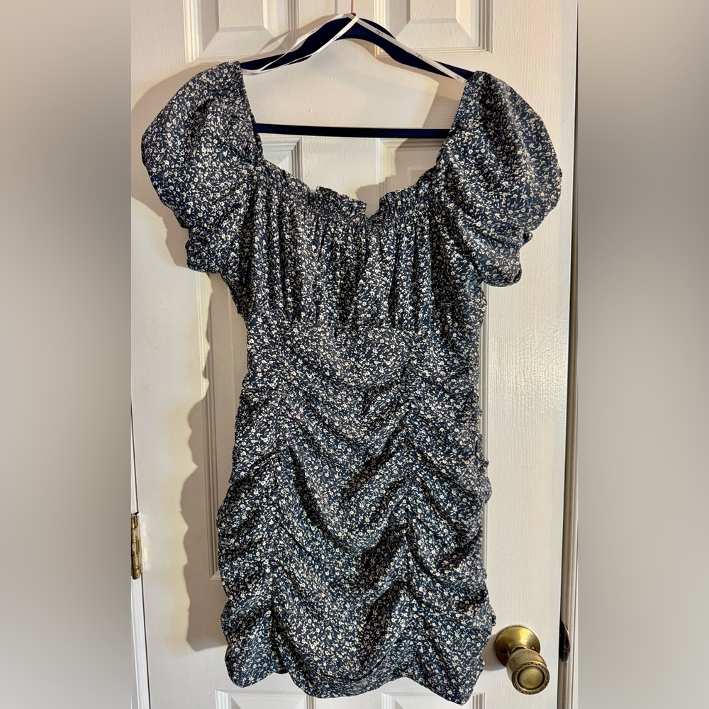 Lulus Reason To Be Mini Dress Ditsy Floral Dusty Blue Off Shoulder Short Sleeve - Picture 11 of 14